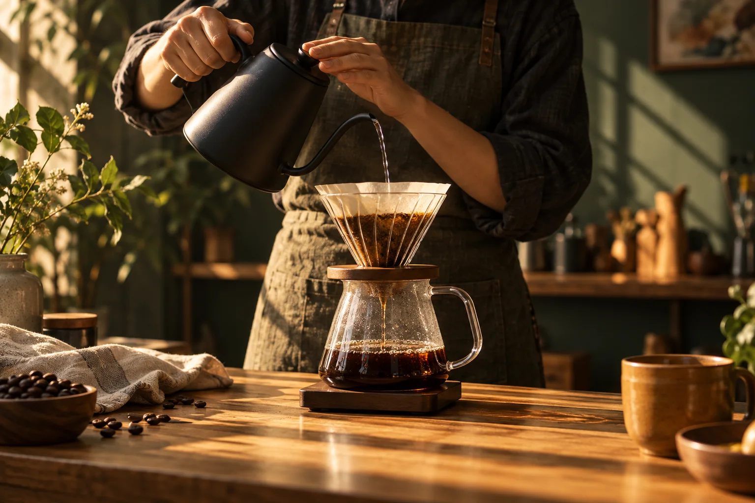 日差しの入る空間でドリップコーヒーを淹れる手元